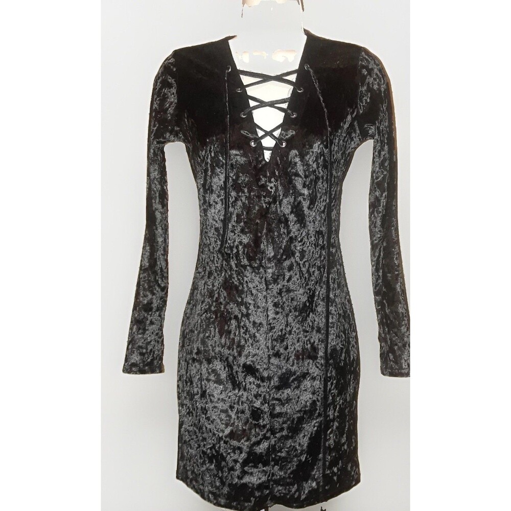 Black Crushed Velvet Lace-Up Mini Dress M Y2K 90s Goth Whimsigoth Long Sleeve